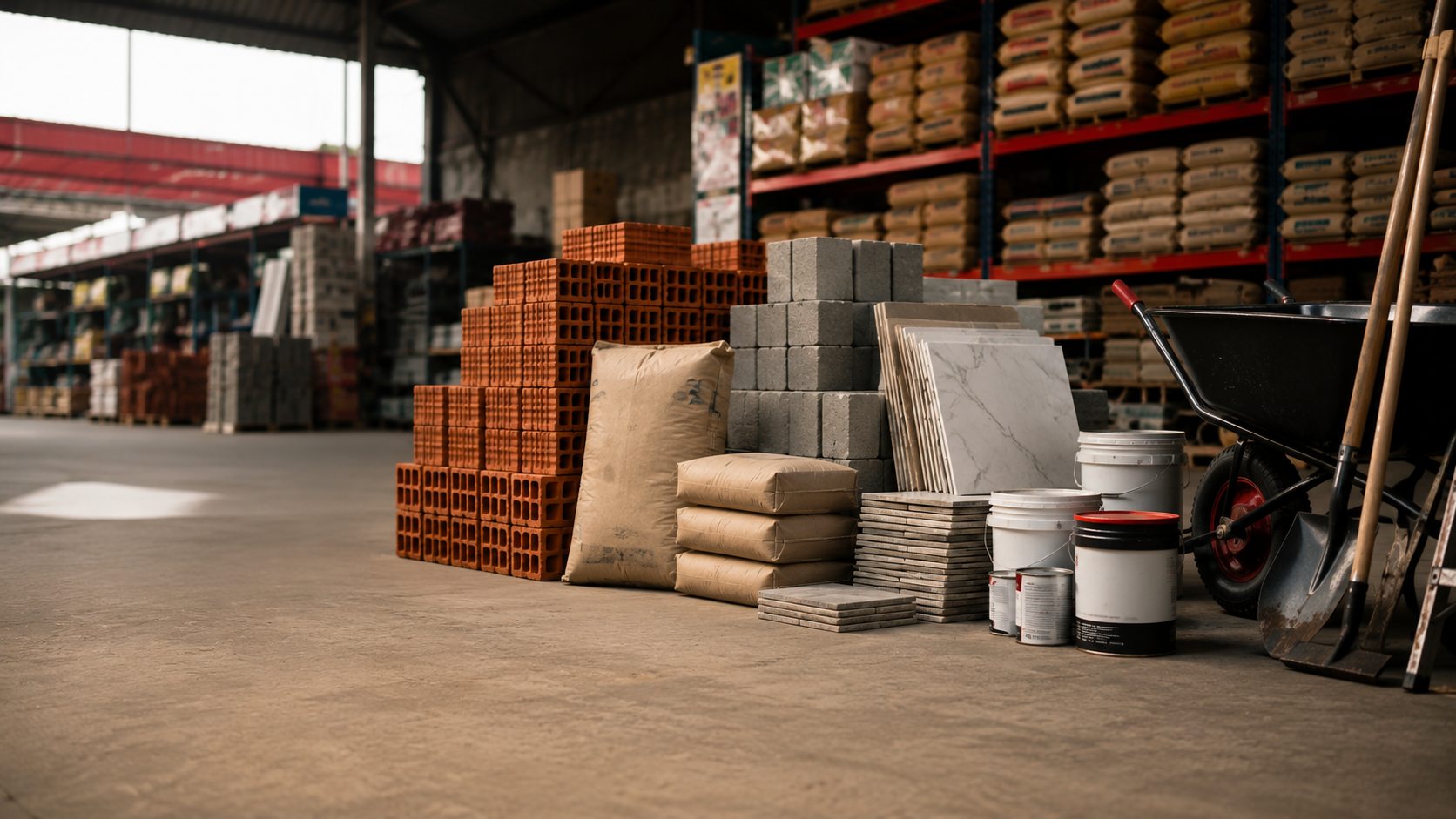 Materiais para construção organizados em ambiente comercial